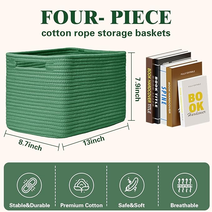 Storage Baskets for Organizing, 4 Pack Storage Baskets for Shelves, Woven Basket for Shelves, Closet Organization, Rectangle Organizer Basket Gifts Empty, 13"Lx8.7"Wx7.9"H Decorative Bins with Handles