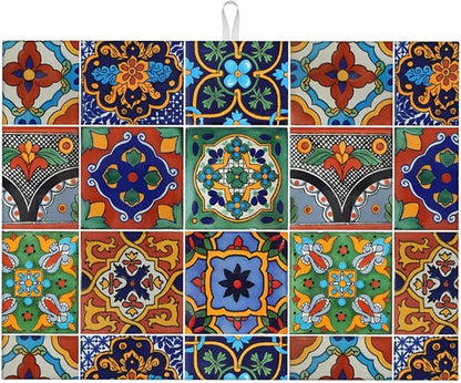 Talavera Mexican Tiles Dish Drying Mat For Kitchen Counter, Super Absorbent Microfiber Dish Drying Pad, Kitchen Gadgets For Easy Clean Multi-Use Large 18"x24"