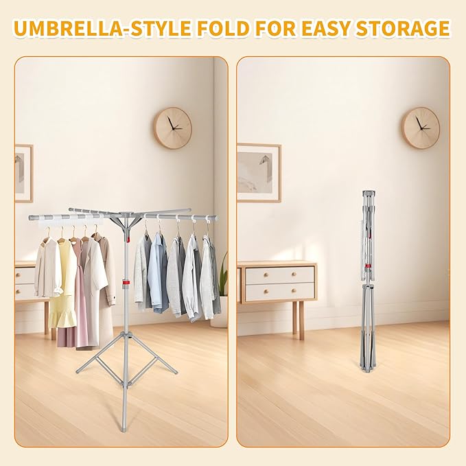 Tripod Clothes Drying Rack, Foldable Portable Drying Rack Clothing Height Adjustable, 2025 Upgraded Collapsible Standing Drying Rack for Indoor/Outdoor Clothes Towel Drying