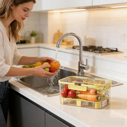 JINGYAN 1-Piece Yellow Plastic Food Storage Container | Refrigerator Storage Container | Stackable, Detachable Drain Rack Handheld, Snap Cap Transparent Fruit and Vegetable Container
