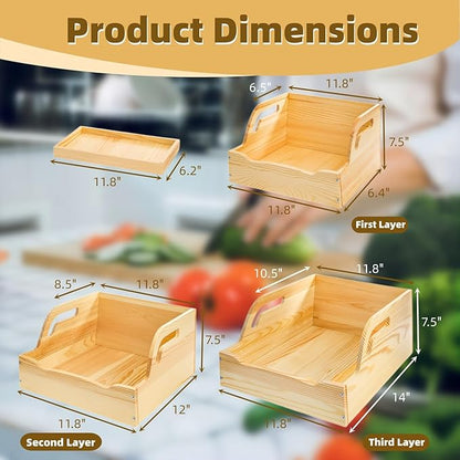 Wood Potato Onion Storage Bin, Stackable Pantry Organizer, Open Front Kitchen Produce Storage with Anti-slip Mat, 3 Tier Countertop Snack Food Container for Fruit Vegetable Bread, Set of 3