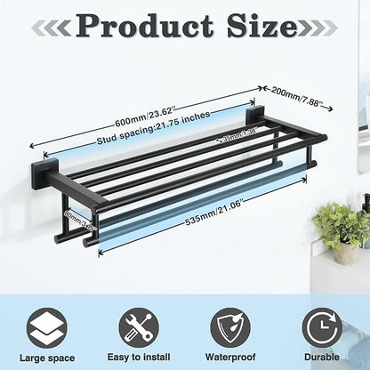 Alise Double Towel Rack for Bathroom Wall Mounted,24 Inch Bathroom Tower Holder Black Towel Rack with Double Towel Bars,SUS304 Stainless Steel Towel Bar Towel Rack with Shelf,Matte Black