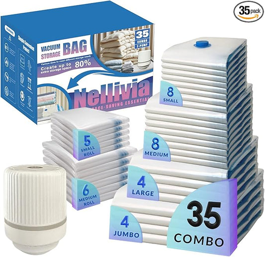 Nellivia 35 Pack Vacuum Storage Bags with Electric Pump, Compression Space Saver for Comforters, Bedding, Blanket Storage, Vacuum Seal Bags for Clothing, Luggage and Closet Organizer