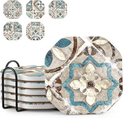 UMIRRO Drinks Coasters for Coffee Table Decor, Rustic Retro Boho Farmhouse Coasters, Absorbent Cup Mats for Wooden Table, Mandala Style, Unique Vintage Tile Design, Brown, 4", Set of 6