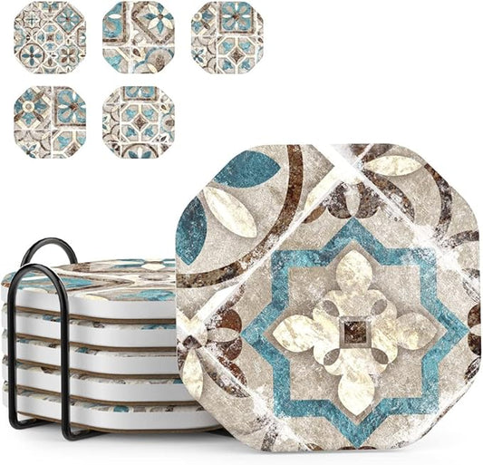 UMIRRO Drinks Coasters for Coffee Table Decor, Rustic Retro Boho Farmhouse Coasters, Absorbent Cup Mats for Wooden Table, Mandala Style, Unique Vintage Tile Design, Brown, 4", Set of 6