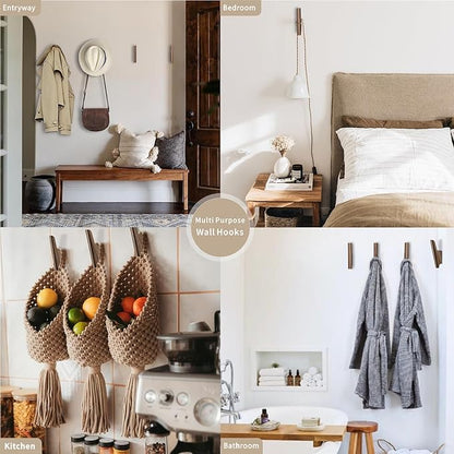 Wood Wall Hooks 4 Pack Coat Hooks Wall Mount Walnut Wooden Hooks for Hanging Hat, Bag, Backpack, Rustic Coat Hooks for Wall, Wood Towel Hooks for Bathrooms and Entryway Hooks (Walnut, Light)