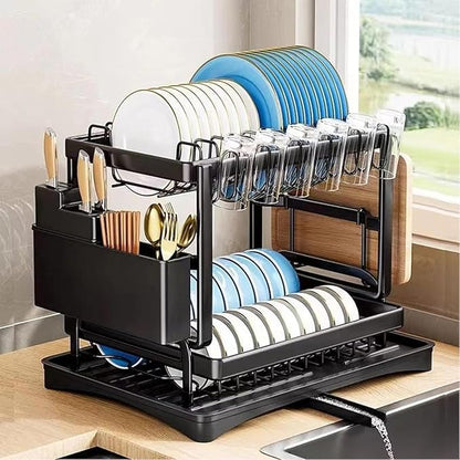 2-Tier Dish Drying Rack - Stainless Steel Dish Racks for Kitchen Counter, Space-Saving Kitchen Counter Organizer with Cutlery/Cup Holders & Draining Tray, Rustproof Multifunctional Drainer (Black)