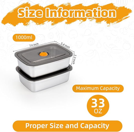 2 PCS Stainless Steel Food Storage Containers(33oz) with Lids Leak Proof & Airtight | Stainless steel freezer Containers,Airtight Bento Lunch Box,For Meal Prep,Fruit,Snack,Freezer