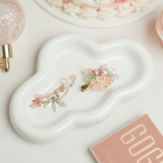 Cloud Trinket Dish, Chubby Jewelry Tray, Ceramic Jewelry Ring Trinket Dish for Rings Earrings Necklace Organizer, Mother's Day Thanksgiving Christmas Birthday Bridesmaid Gifts (T-White)