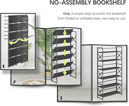 4NM Extra Wide 6 Tiers No Assembly Book Shelves, 61.8" H Folding Bookshelf Bookcase Open Industrial Foldable Shelves for Bedroom, Living Room, Home Office - All Black
