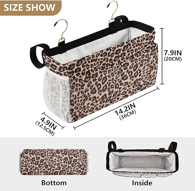 CuwrYet Bedside Caddy Hanging Bunk Bed Caddy Bed Organizer Hanging Pocket with 2 Hooks Bedside Storage Organizer Pocket Bag Holder Leopard Print Brown