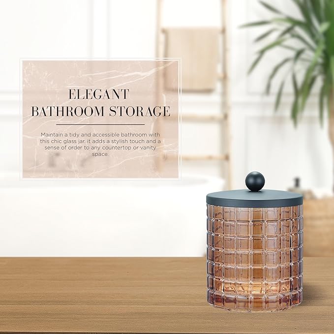 Indecor Home Amber Colored Tranlucent Apothecary Etched Geometric Grid Glass Jar W/Matte Black Metal Lid for Bathroom Organization, Cotton Balls, Q Tips, and Small Accessories, Bathroom Storage
