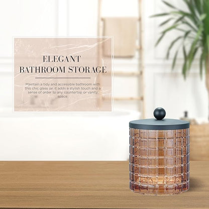 Indecor Home Amber Colored Tranlucent Apothecary Etched Geometric Grid Glass Jar W/Matte Black Metal Lid for Bathroom Organization, Cotton Balls, Q Tips, and Small Accessories, Bathroom Storage