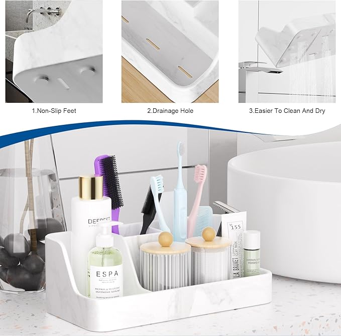 Polinook Marble Bathroom Countertop Organizer - Silicone Bathroom Vanity Countertop Organizer - Tooth Brush Organizer With 2PCS Qtip Holder Dispenser - Toothpaste Holder Drainage - Bathroom Essentials