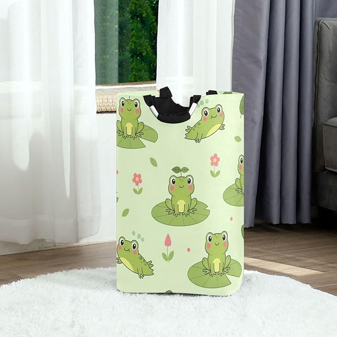 Laundry Hamper Basket Frog Leaves Green Storage Basket Collapsible Clothes Hamper with Handle Decorative Blanket Basket for Blanket Toys Bathroom Dorm College
