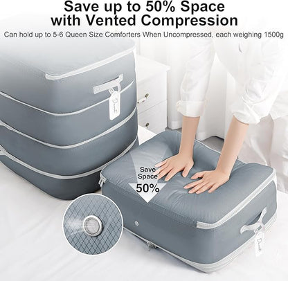 Easortm Comforter Storage Bag - 130L Large Capacity Blanket Storage Bags 4-Layer Ultra Space Saving Self Compression Organizer, Washable Compression Bags for Storage Comforter Blanket, 2-Pack, Grey