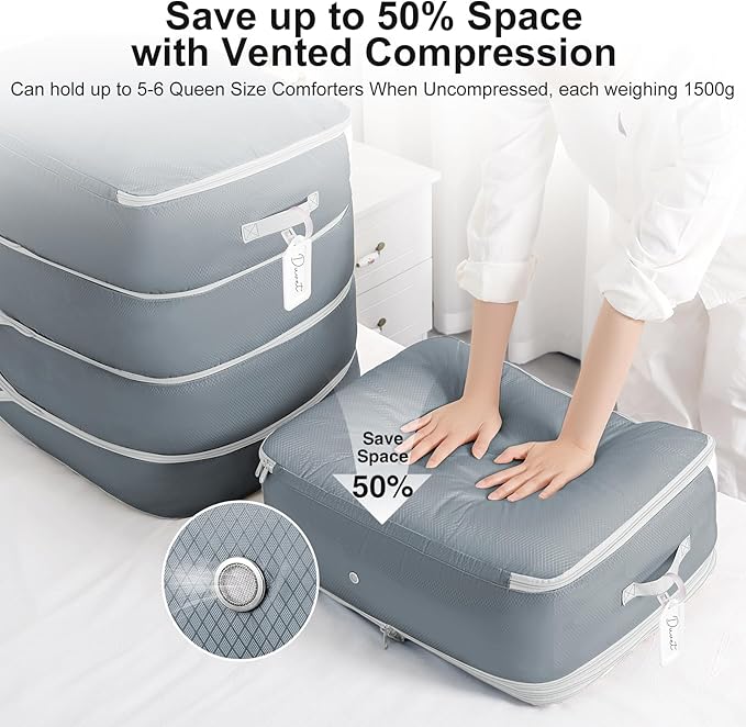 Easortm Comforter Storage Bag - 130L Large Capacity Blanket Storage Bags 4-Layer Ultra Space Saving Self Compression Organizer, Washable Compression Bags for Storage Comforter Blanket, 4-Pack, Grey