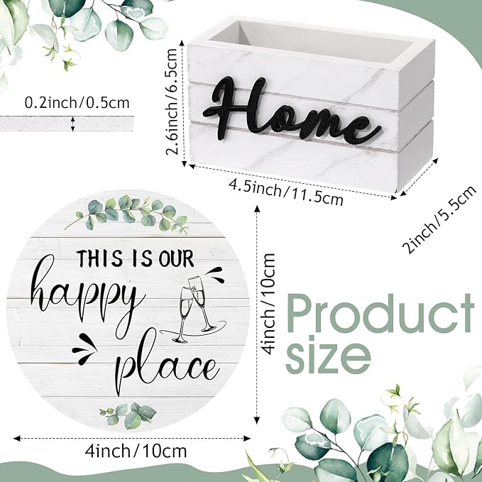 Queekay Coasters Set of 6 House Warming Gifts New Home Wooden Farmhouse Drink Coasters with Holder 4'' Funny Decoration for Kitchen Family Coffee Bar Tabletop Protection(Eucalyptus Leaf Color)