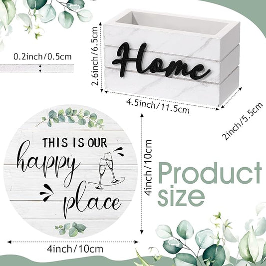 Queekay Coasters Set of 6 House Warming Gifts New Home Wooden Farmhouse Drink Coasters with Holder 4'' Funny Decoration for Kitchen Family Coffee Bar Tabletop Protection(Eucalyptus Leaf Color)