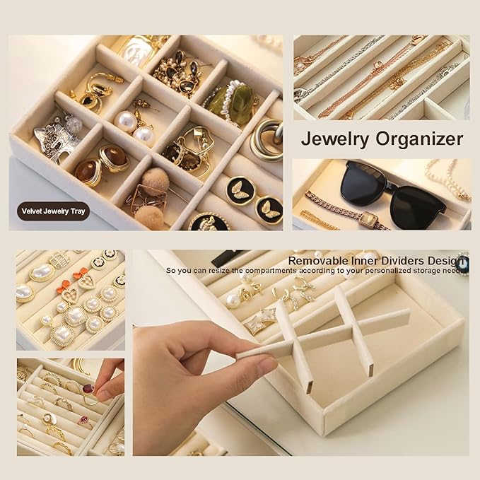 SPAKOWN Jewelry Organizer for Drawer, Adjustable Velvet Jewelry Tray, Stackable Necklace Organizer Earring Holder Organizer Ring Tray Jewelry Storage Display Drawer Inserts Set of 9 (Beige)