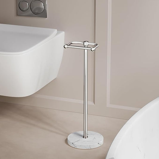 Toilet Paper Holder Stand, Bathroom Free Standing Toilet Paper Stand with Modern Marble Base, Post Pivoting Toilet Paper Stand with Stainless Steel Tissue Rack, Rust-Proof & Heavy Base(Chrome)