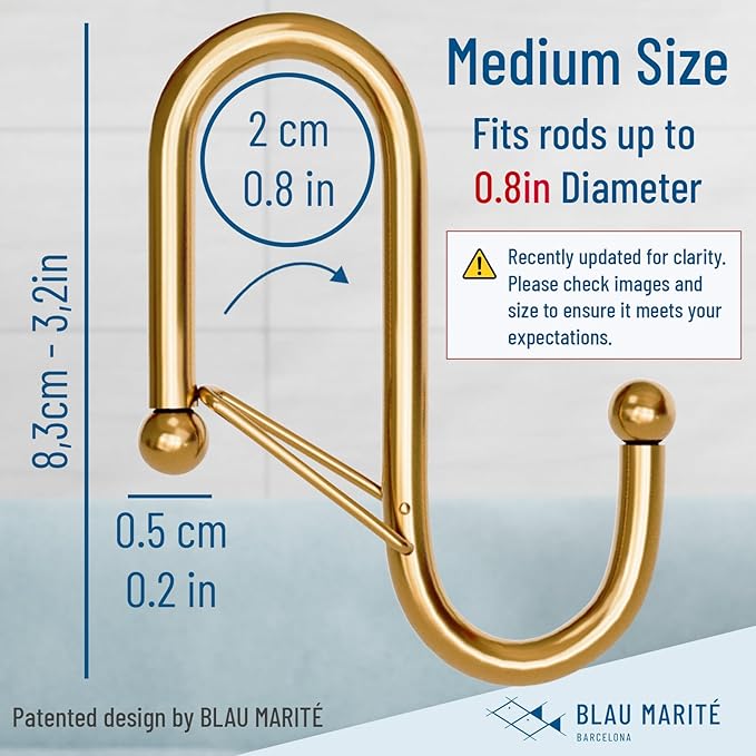 Blau Marité 10-Pack Metal S Hooks for Hanging – Heavy-Duty S-Shaped Hook with Safety Buckle – Fits Bars up to 0.8 In – Anti-Drop S-Hooks for Kitchen, Bathroom, Closet & Pot Racks – Gold (Medium)