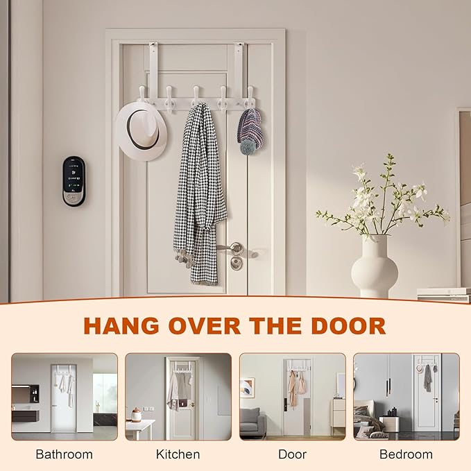 persevere Over The Door Hooks with Auto-Locking Design, Rustproof Multi-Functional Coat Rack, Bathroom Towel Holder, Space-Saving Door Hanging Organizer with 5 Hooks for Clothes and Towels (White)
