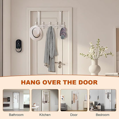 persevere Over The Door Hooks with Auto-Locking Design, Rustproof Multi-Functional Coat Rack, Bathroom Towel Holder, Space-Saving Door Hanging Organizer with 5 Hooks for Clothes and Towels (White)