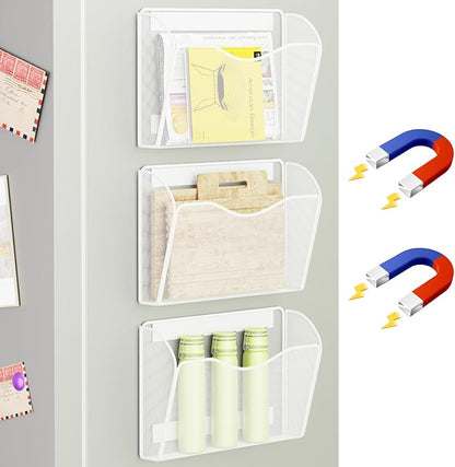 Magnetic File Holder - Heavy Duty Wall File Organizer for Refrigerator & Whiteboard - Strong Magnet Mail Holder & Magazine Rack, No Drilling Document Storage Basket for Office Cabinet