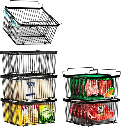 ANJUBAN Large Freezer Organizer Bins，Upgraded Bottom Leak-Proof net，Fit 5 to 9 Cu Ft Chest Freezer，6 Pack， Expandable Stackable Chest Freezer Containers with Handle (Black-6P)
