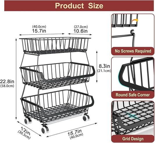Miyawell 3-Tier Rolling Pantry Cart with Wheels, Stackable Wire Storage Floor Organizer for Kitchen Pantry Snack Shelves, Fruit Basket Stand, Vegetable Storage Rack for Food Snacks Onion Potato