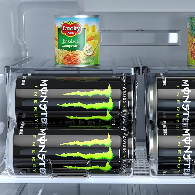 SCAVATA Soda Can Organizer for Refrigerator for Tall Cans of 16oz & 17oz, Stackable Beverage Cans Container Holder Dispenser with Lid for Fridge Pantry Rack Freezer (One Pack)
