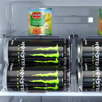 SCAVATA 2 Pack Tall Skinny Can Organizer for Refrigerator, Stackable Large Soda Cans of 16oz & 17oz Beverage Energy Drink Container Holder Dispenser with Lid for Fridge, Clear Storage Plastic Bins
