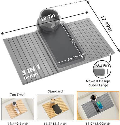 Couch Cup Holder Tray, Large Couch Arm Table with 360° Ratated Phone Holder, 3 in 1 Bamboo Sofa Armrest Tray with Anti-Slip Couch Organizer for Remote,Cellphone,Snacks