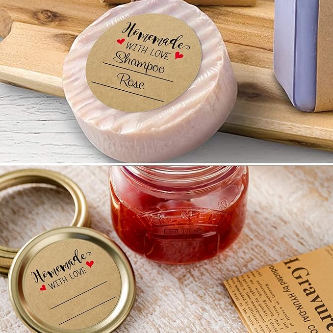 2 Inch Homemade with Love Sticker with Lines for Writing (500 Labels per roll) Brown Kraft Stickers for Canning Labels Jar, Store Owners, Crafts, Organizing, Gift, Price Tags, Envelop Seal