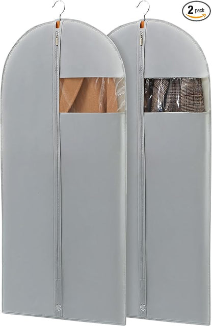 50" Garment Bags for Hanging Clothes, Suit Bags for Closet Storage and Travel, Grey Suit Cover Bags with Clear Window for Coats, Jackets, Dresses (2 Packs)