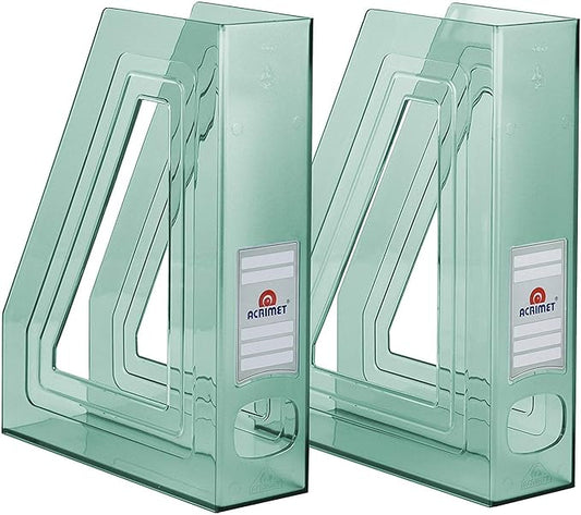 Acrimet Magazine File Holder – Vertical Rack for Documents, Folders and Mail, Durable Plastic Desk Organizer for Office & Home, Clear Green (2 Pack)