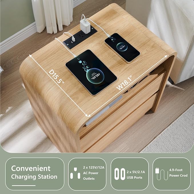Aitjunz 25" Tall Modern Nightstand with Charging Station, 23.6'' Wide Wood Bedside Table w/2 Storage Drawers, Large Mid Century End Table for Bedroom, Living Room, Curved Profile Design,Natural Oak