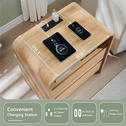 Aitjunz 25" Tall Modern Nightstand with Charging Station, 23.6'' Wide Wood Bedside Table w/2 Storage Drawers, Large Mid Century End Table for Bedroom, Living Room, Curved Profile Design,Natural Oak