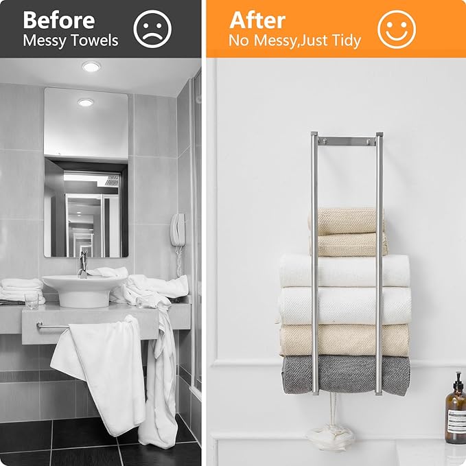 BWE Brushed Nickel Towel Racks for Bathroom, 28" Stainless Steel Bathroom Towel Holder for Rolled Towels, Wall Mounted Towel Storage for Bathroom with 2 Hooks, 6 Large Bath Towels Capacity