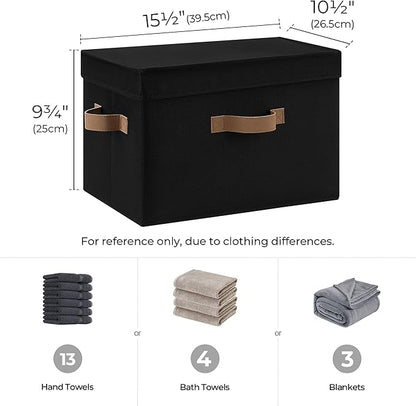 StorageWorks Fabric Storage Bins with Lid, Decorative Storage Boxes for Shelves, Stackable Closet Organizer Basket with Handles, Large, Black, 2-Pack