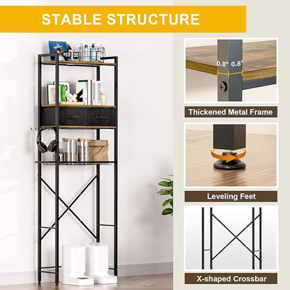 QOOIE Over The Toilet Storage with Adjustable Wooden Shelves and 2 Fabric Drawers, 4-Tier Over Toilet Bathroom Organizer, Small Freestanding Storage Shelf for Toilet Paper, Towels, Toiletries