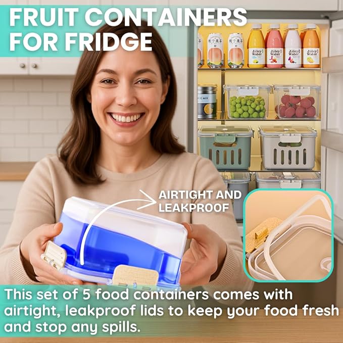 DAZZLEREE Fruit Containers for Fridge Keep Fresh, 5-Pack Produce Containers for Fridge with Lids, Meal Prep Containers, Food Organizer with Removable Colander, Microwave & Dishwasher Safe (White)