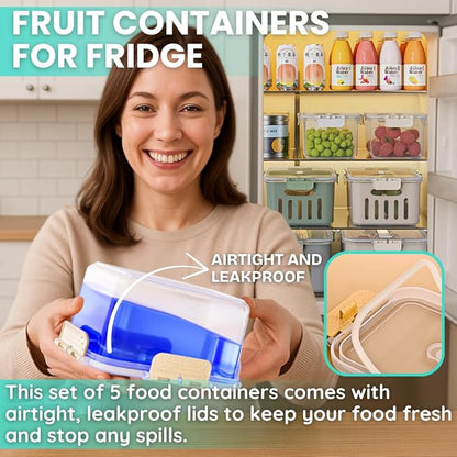 DAZZLEREE Fruit Containers for Fridge Keep Fresh, 5-Pack Produce Containers for Fridge with Lids, Meal Prep Containers, Food Organizer with Removable Colander, Microwave & Dishwasher Safe (White)