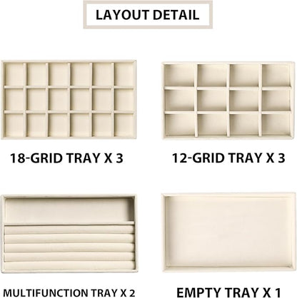 Frebeauty Jewelry Organizer Tray,Stackable Velvet Jewelry Trays,Drawer Inserts Earring Organizer For Women Jewelry Storage Display Case for Rings Stud Necklaces,Set of 9(Beige)