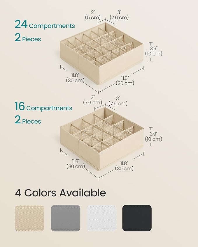 SONGMICS 4 Pack Drawer Organizers, 80 Cells (2x16+2x24), Foldable Dividers, 11.8 x 11.8 x 3.9 Inches, for Socks, Underwear, Ties, Belts, Summer Sand URUS011K01