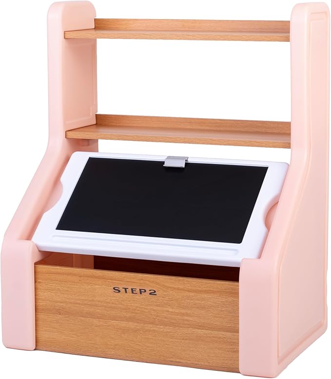Step2 Harmony Toy Storage Box, Wood and Plastic, Shelves for Books, Toy Storage Bin with Chalkboard Lid and Clip, Easel and Toy Organizer in One, Rose Pink