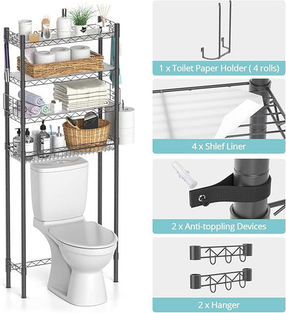 Hodonas 4-Tier Over The Toilet Storage, Adjustable Over Toilet Bathroom Organizer Rack, Freestanding Bathroom Shelves Above Toilet Storage, Sturdy Bathroom Space Saver with Basket and Shelves, Gray