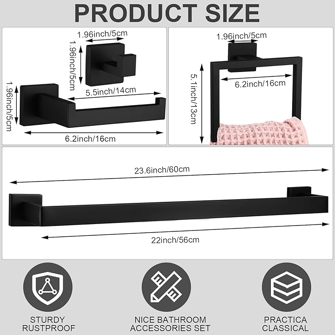 Gisafai 10 Pcs Black Bathroom Hardware Accessories Set 23.6 Inch Bath Towel Bar Kit Stainless Steel Bathroom Hardware Set Towel Racks Ring Robe Hooks Paper Holder for Wall Mounted