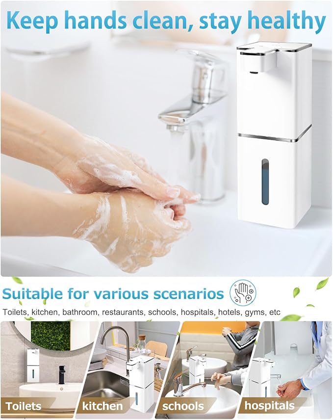 JEMISUN Automatic Foaming Soap Dispenser Touchless 380ml/12.8oz Rechargeable Hand Soap Dispenser Wall Mounted 4 Levels Adjustable Foam Soap Pump for Bathroom Kitchen Dish Soap